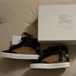 Burberry Children Authentic High Top Sneakers Check Canvas Black Leather NWT